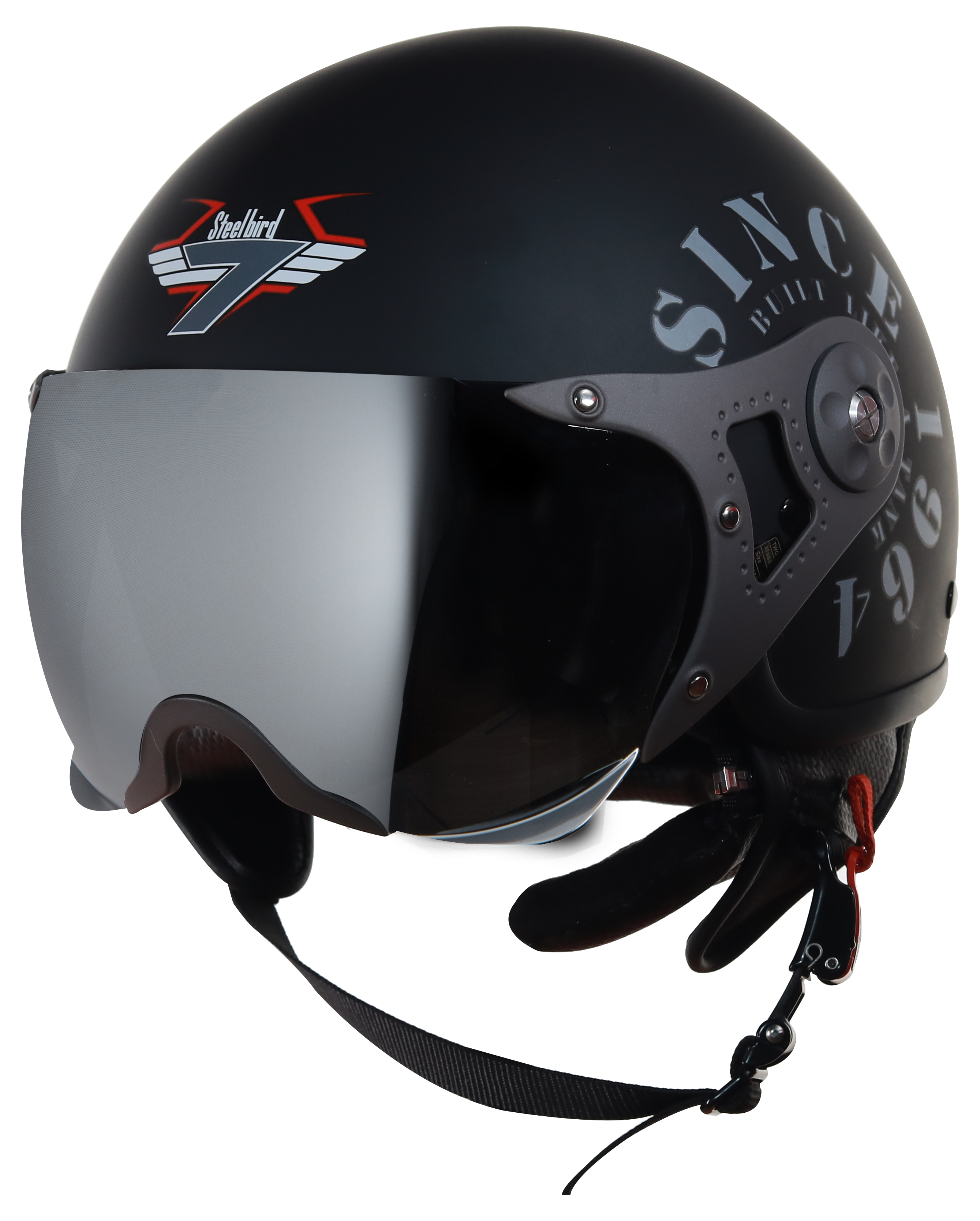 Steelbird SB-27 7Wings Tank Open Face Graphic Helmet (Matt Black Line Grey With Chrome Silver Visor)